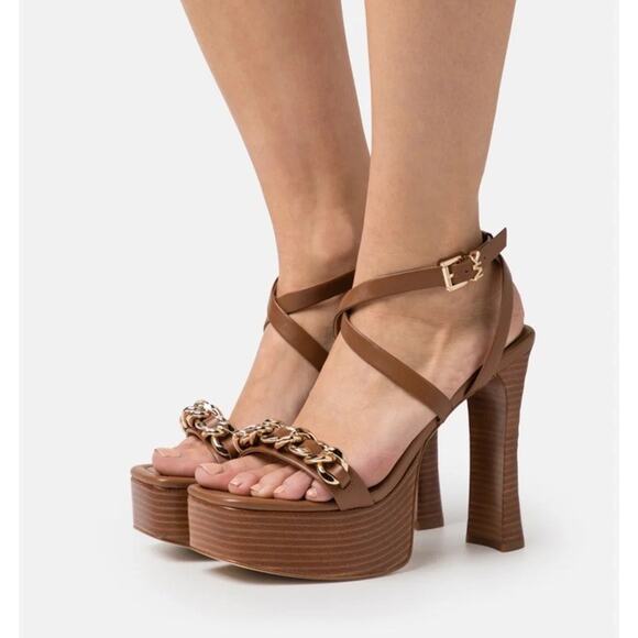 NEW Michael Kors Paola Chain Leather Platform Sandals Brown Gold Chain Size 9 - Picture 1 of 14